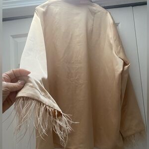 Gorgeous new BooHoo brand gold satin blouse with feather cuffs size 6